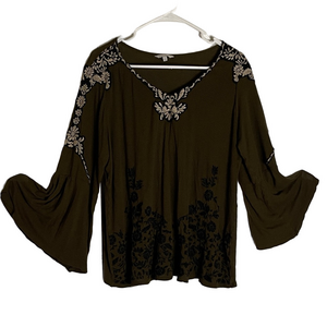 LUCKY BRAND Black Floral Long Sleeve Tee, Women’s 1X, Dark Olive Green